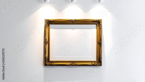 A gold picture frame hangs on a white wall illuminated by three spotlights