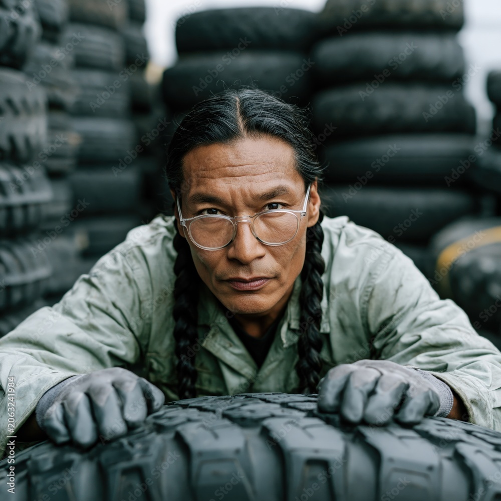 Fototapeta premium Portrait of tire mechanic in stacked tire workshop for industrial portrait background and promotional banner design