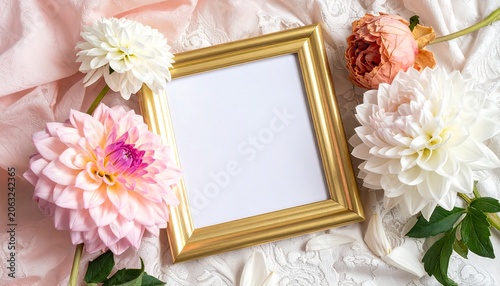 A gold picture frame surrounded by flowers on fabrics