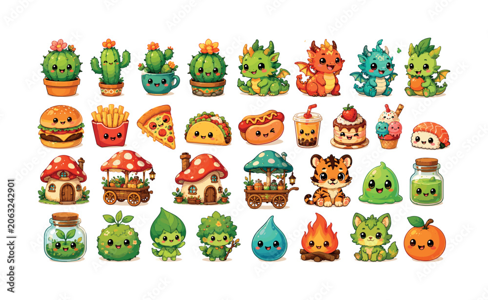 Fototapeta premium Cute fantasy food and nature mascot collection with cactus, dragon, hamburger, mushroom cart and green slime characters, cactus,
