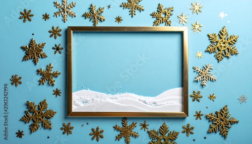 A gold picture frame with snow and gold snowflakes on blue background