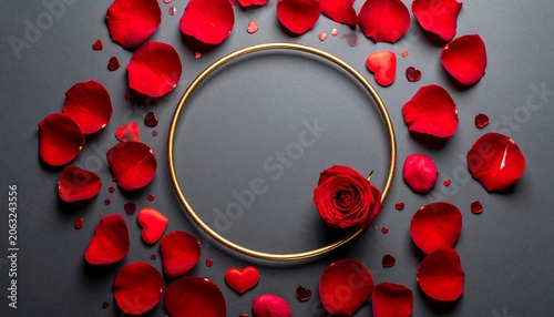 A gold ring surrounded by scattered red rose petals and a single rose on a dark background