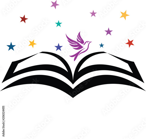 Creative vector logo design of an open book with a flying purple bird and colorful stars