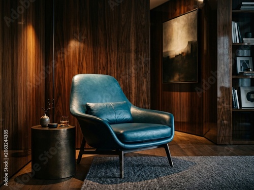 Quadro em tela Elegant teal leather armchair with a matching cushion positioned next to a dark metallic side table featuring soft warm ambient lighting inside a sophisticated modern home library with wood paneling