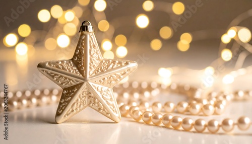A gold star ornament surrounded by pearl beads and warm lights