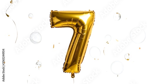 A gold-colored balloon in the shape of the number 7 surrounded by confetti and ribbons on a white background
