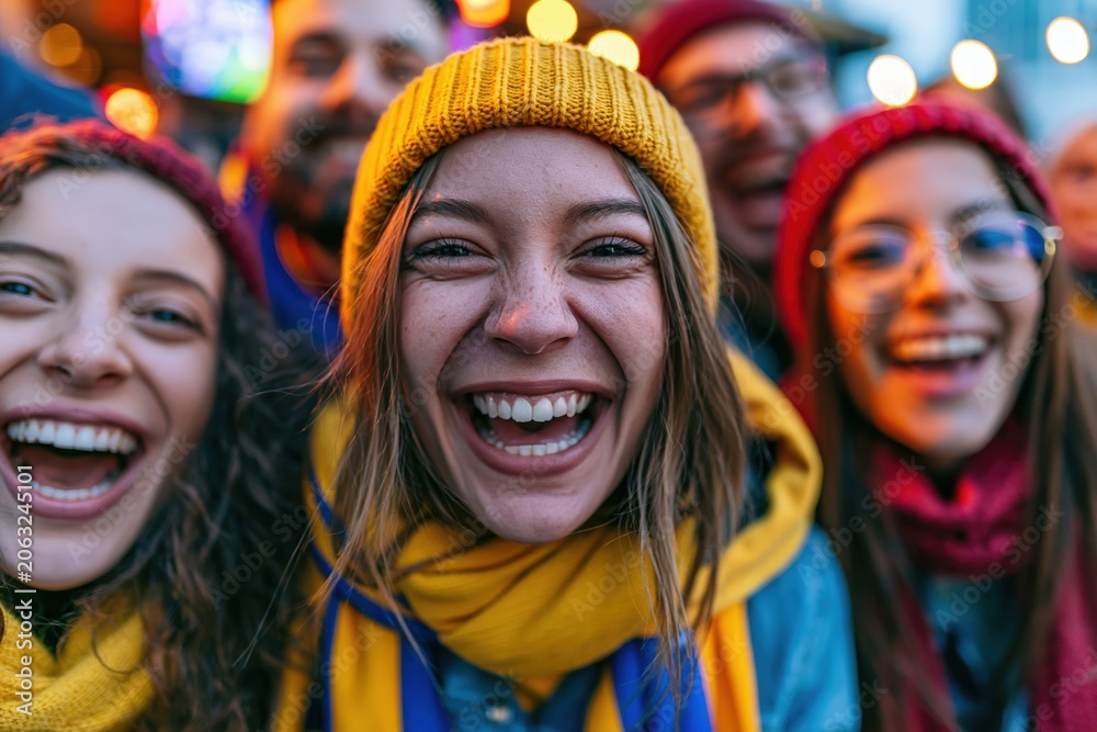 Fototapeta premium Diverse group of football fans celebrating together in a modern sports bar