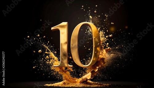 A gold-colored number 10 surrounded by splashes of gold against a black background