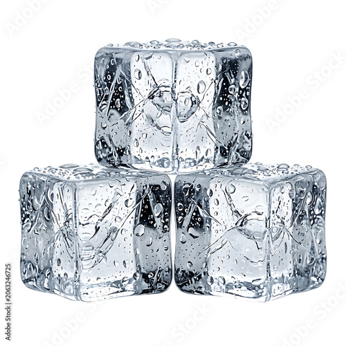 Group of fresh clear ice cubes with water droplets on transparent background