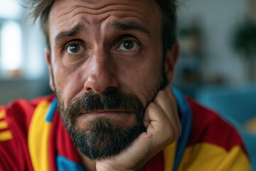 Disappointed football supporter in red and yellow shirt at home