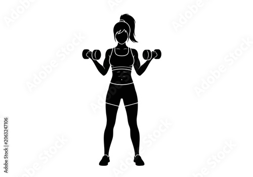 A perfect black silhouette of a well shaped strong woman lifting heavy dumbbells