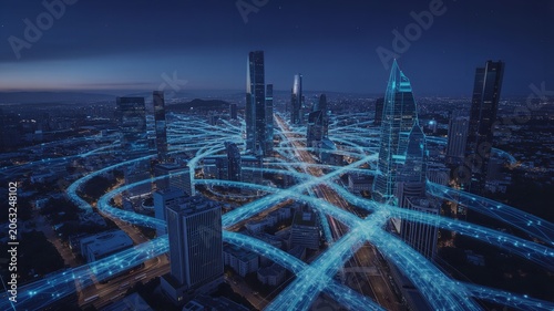 Aerial Night View of Modern Cityscape with Illuminated Highways and Skyscrapers in Blue Tones