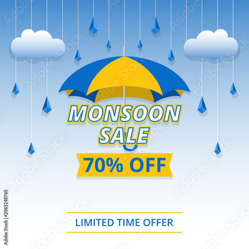 Monsoon sale banner features a cutting paper style umbrella with rain and a discount promotion
