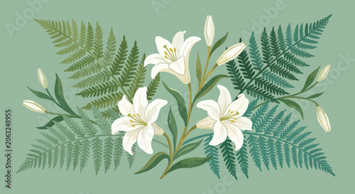 White lilies and green fern leaves illustration