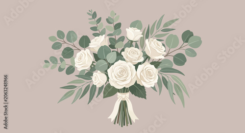 White Roses Eucalyptus Bouquet Flat Illustration