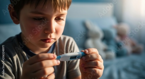 Concerned Child Checks Temperature With Digital Thermometer At Home