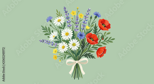 Wildflower bouquet with ribbon, daisies, poppies, lavender, cornflowers on green background