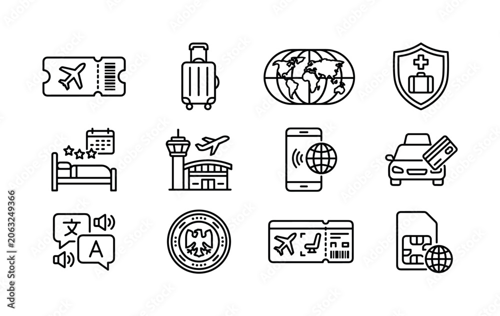 Fototapeta premium Travel and global transactions. Line outline icon set of Travel and global transactions: airplane ticket, luggage suitcase, world map, travel insurance, hotel booking, airport terminal, roaming