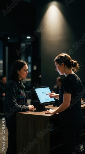 Concierge Assisting Guest With Digital Check-In Or Information On Screen