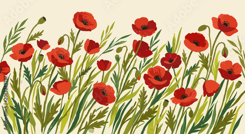 Red Poppy Flowers Field Illustration