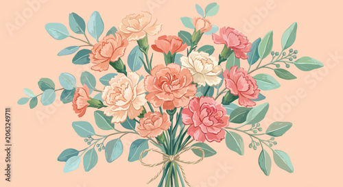 Soft Floral Arrangement, Peach and Pink Carnations with Green Leaves