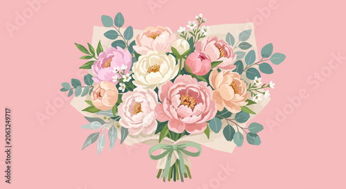 Soft Pastel Peony Bouquet with Green Ribbon