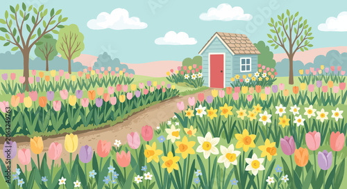 Spring garden scene with flower field, path, and tiny house