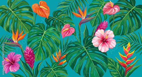 Tropical Floral Pattern: Exotic Flowers and Leaves on Teal Background