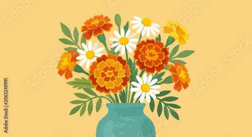Vibrant floral arrangement of marigolds and daisies in a teal vase