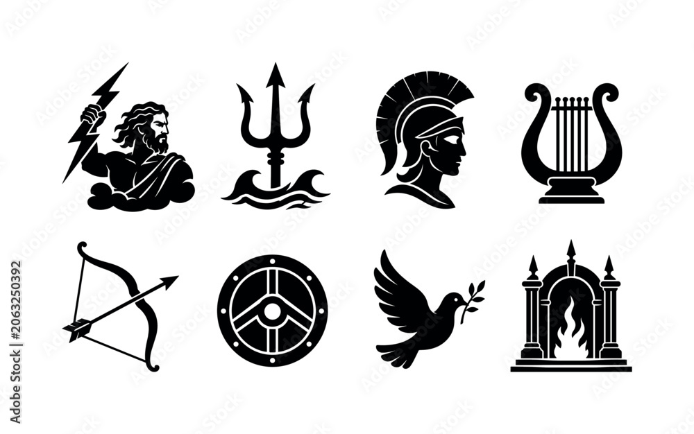 Fototapeta premium Greek Gods. Filled icon set of Greek Gods: Zeus thunderbolt, Poseidon trident, Athena helmet, Apollo lyre, Artemis bow, Ares shield, Aphrodite dove, Hades underworld gate. Solid icons set. All icons