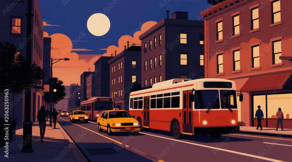 Fototapeta premium City street at dusk with a red bus and yellow taxis. Buildings line the road as people walk on sidewalk under a large moon and orange clouds. Urban transportation scene.