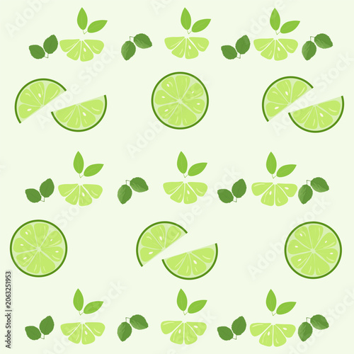 Green background with lime slices and leaves.