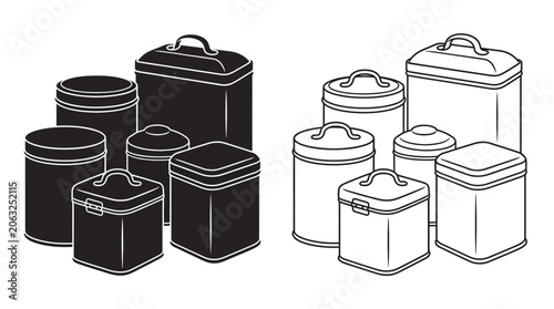 Fotografie Assorted Metal Containers Black And White Line Art Silhouette