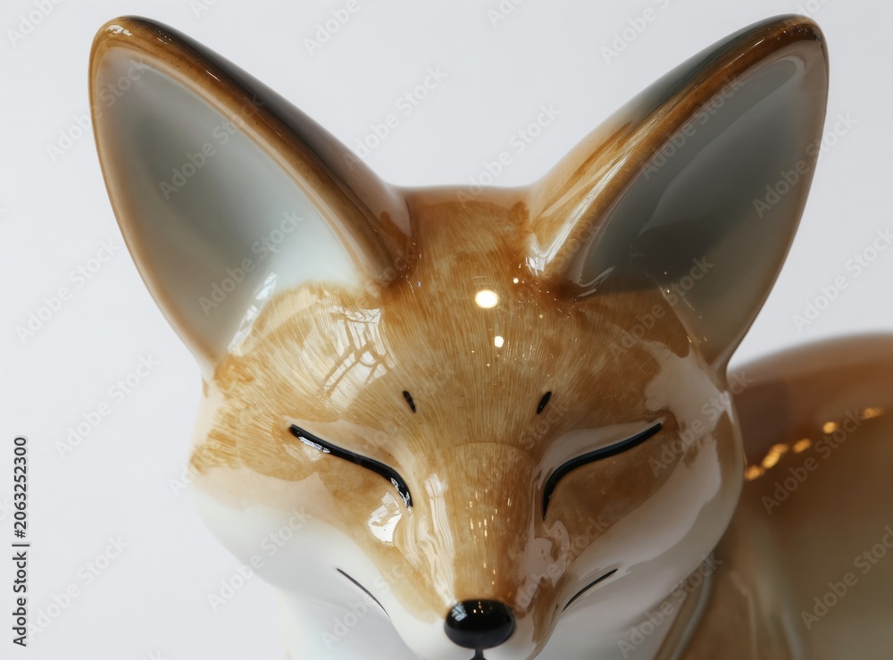 Fototapeta premium Ceramic fox figurine with closed eyes sits peacefully. Brown, white art piece glossy finish, ideal for home decor animal lovers. Smooth texture, calm expression make charming collectible item.