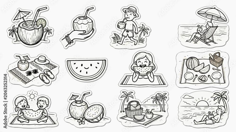 Obraz premium Tropical beach picnic and cute watermelon doodle sticker set