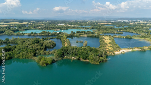 Aerial view of former aggregate extraction lakes in Galicia, Spain
