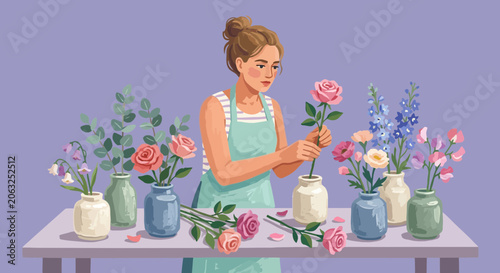 Woman arranging flowers in vases, floral design, florist at work