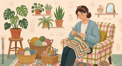 Woman crocheting blanket in cozy room with plants and yarn baskets