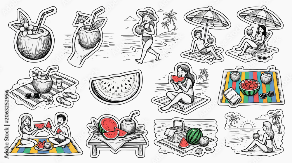 Fototapeta premium Summer beach and watermelon doodle sticker vector set