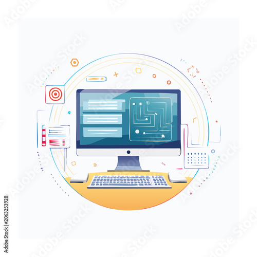 Flat design laptop with cloud data flow