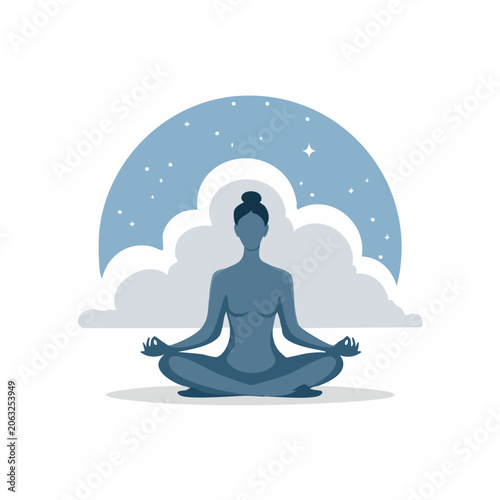 Flat design meditation silhouette with clouds