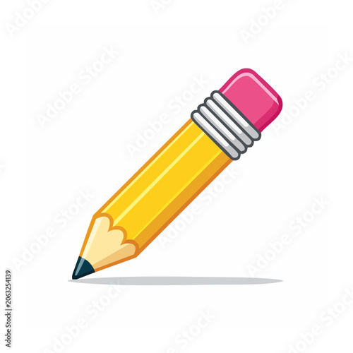Yellow pencil with pink eraser and sharpener