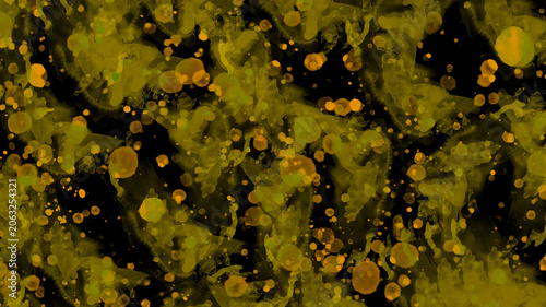 Golden Bokeh Bubbles Abstract Background with Black Ink Wash Texture