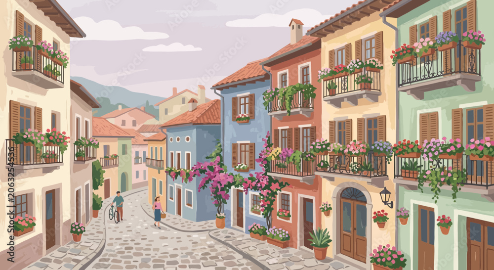Obraz premium Charming European street scene with colorful buildings and flowers