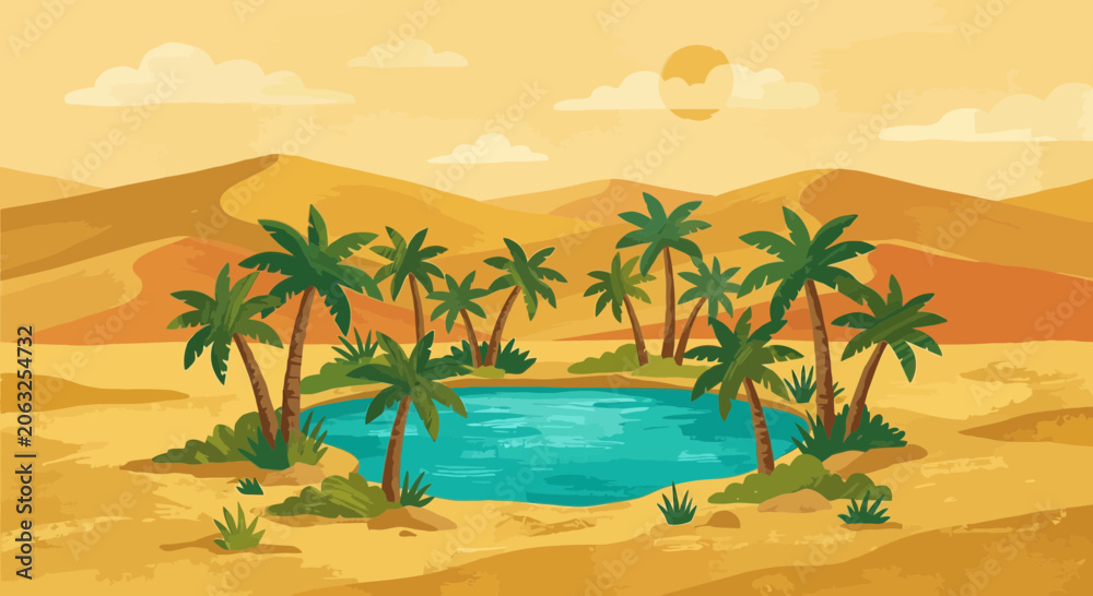 Obraz premium Desert oasis with palm trees and a lagoon under a sunny sky