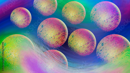 Iridescent Pastel Spheres Floating Over Colorful Rainbow Wave Abstract Background