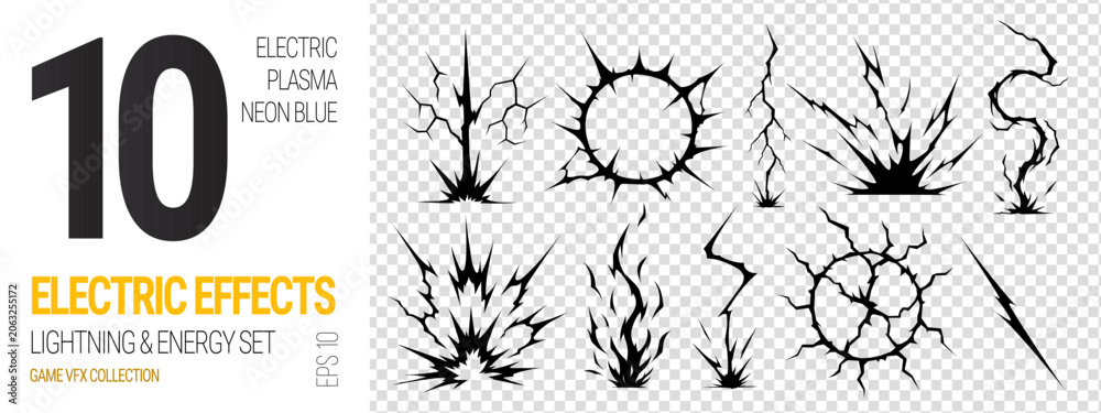 Fototapeta premium Anime light cartoon for energy thunder bolt and blue lightning effect. Background burst plasma for black electric 2d and sprite abstract manga. Thunder anime ball for energy sheet storm.