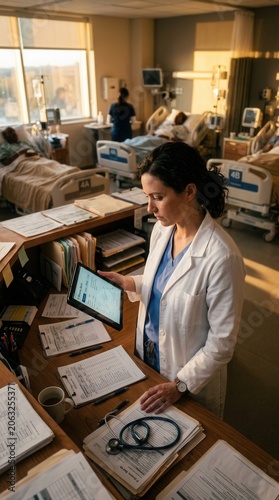 Dedicated Nurse Attends To Digital Records In Busy Hospital Setting