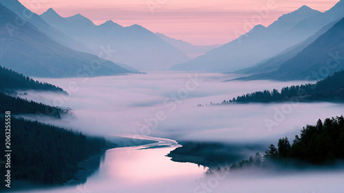 Misty River Valley with Snow-Capped Peaks at Sunrise