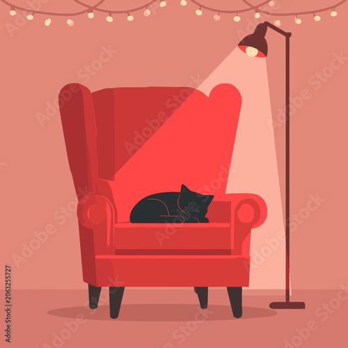 Cozy Armchair with Black Cat Under Floor Lamp.
